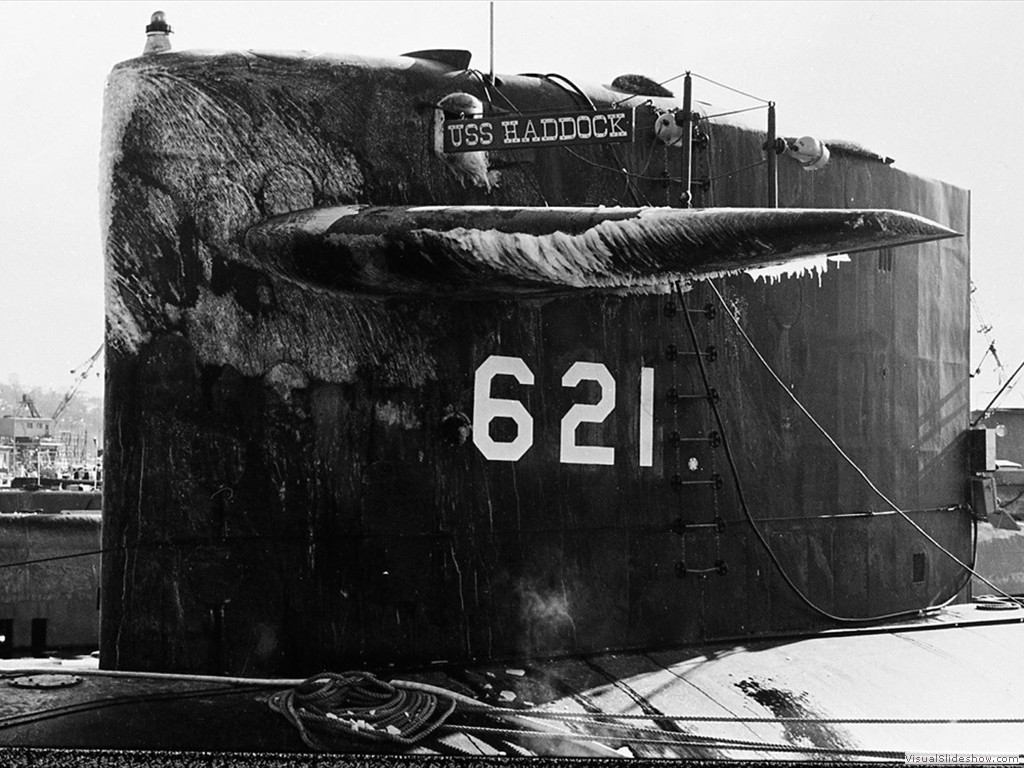 USS Haddock (SSN-621) at Submarine Base New London in Groton CT January 1968.