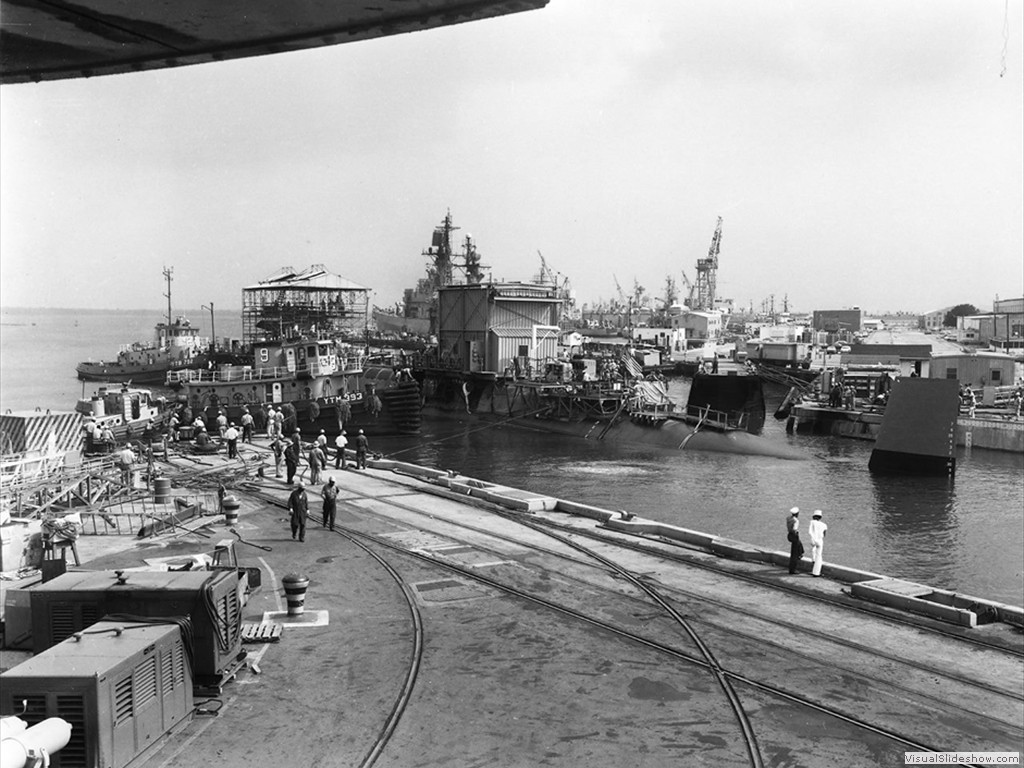 USS James Monroe (SSBN-622) being moved at Charleston Naval Shipyard during 1968.