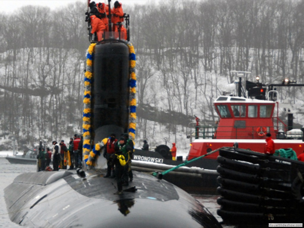 USS Virginia (SSN-774) arrives at Naval Submarine Base New London in Groton CT.